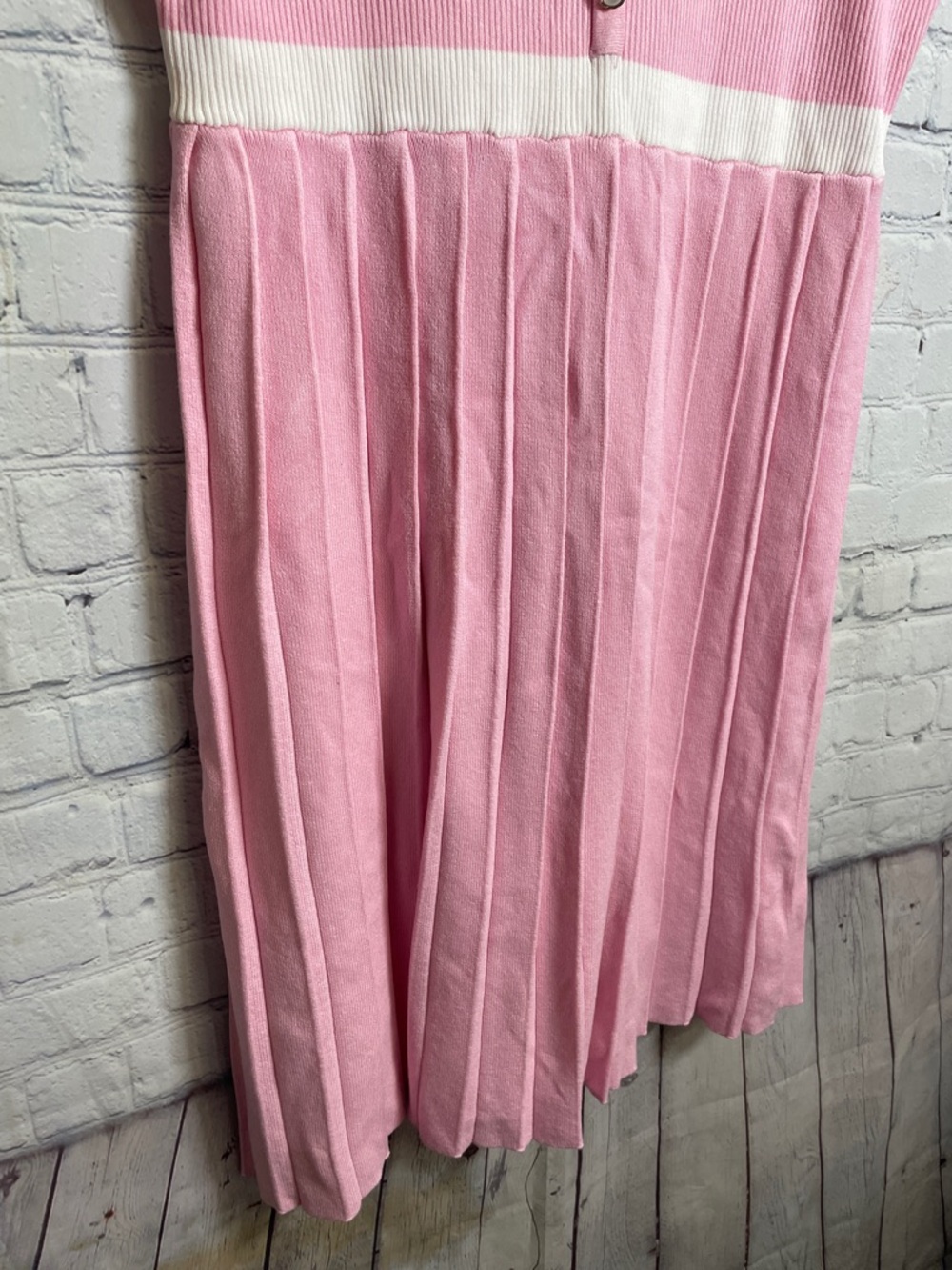 Cotton Candy Pink and Whit Short Sleeve Pleated Knee Length Spring Tennis Dress - Picture 4 of 10